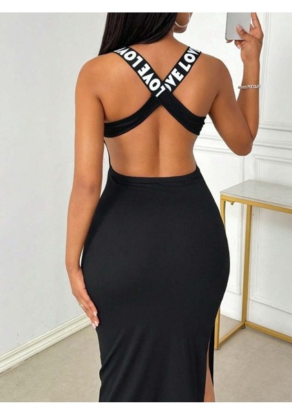 Kadın Yuvarlak Yaka Sırttan Çapraz Şerit Love Detaylı Yırtmaçlı Viskon Elbise 2xl-3xl-Siyah indirimleri