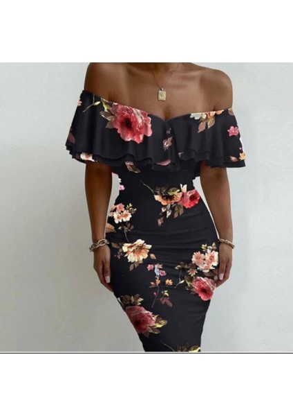Kadın Madonna Yaka Çiçek Baskılı Volan Detay Kalem Elbise S-Siyah