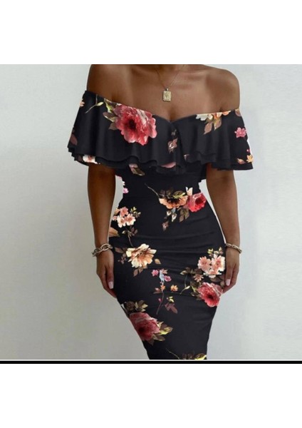 Kadın Madonna Yaka Çiçek Baskılı Volan Detay Kalem Elbise S-Siyah fiyatları
