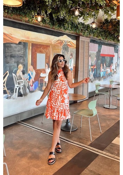 Kadın Sıfır Kollu Bisiklet Yakalı Fırfırlı Desenli Sofya Elbise S-M-Turuncu
