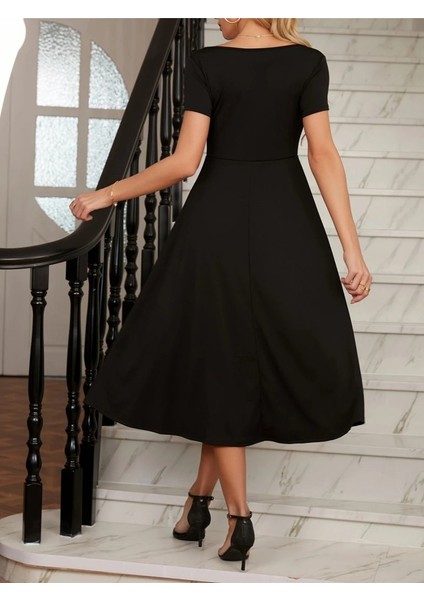 Kadın Kısa Kollu V Yakalı Önden Pileli Midi Janjan Krep Elbise 2xl-3xl-Siyah modelleri