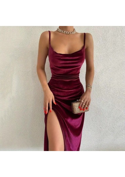 Kadın Askılı Degaje Yakalı Yırtmaçlı Kadife Midi Elbise 2xl-3xl-Bordo fiyatları