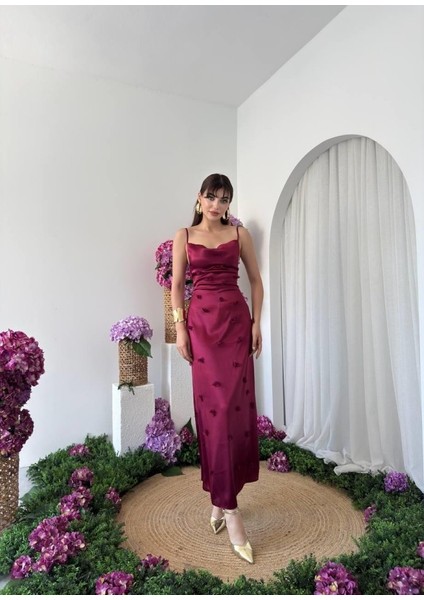 Dora Çiçek Detaylı Elbise M-Bordo indirimleri