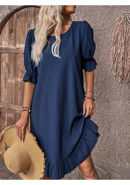 Kadın Kısa Kollu Kol ve Eteği Volanlı Bisiklet Yaka Aerobin Elbise 2xl-3xl-Lacivert
