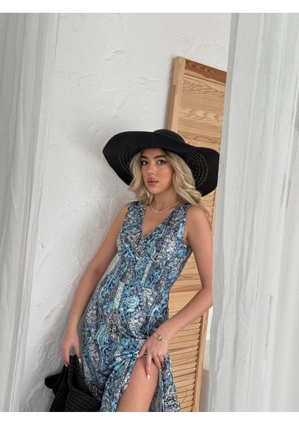 Kadın Beli Gipeli Etnik Desen Sıfır Kol Süprem Elbise Mavi-2xl-3xl modelleri