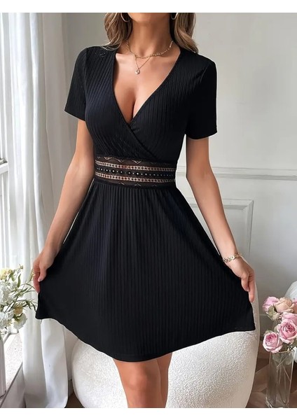 Kadın Kısa Kollu Kruvaze Yakalı Belden Dantelli Kaşkorse Elbise 2xl-3xl-Siyah