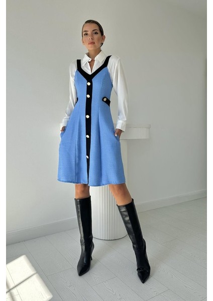 Mavi Siyah Süs Cepli Askılı Elbise M-Mavi Siyah