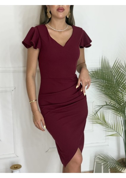 Qkadın Kısa Kollu Kalp Yaka Yanlardan Büzgü Detay Midi Janjan Krep Elbise 2xl-3xl-Bordo fırsatları