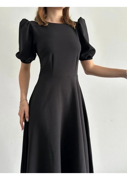 Kadın Kısa Balon Kollu Bisiklet Yaka Geniş Kesim Janjan Krep Elbise 2xl-3xl-Siyah indirimleri