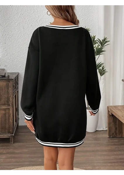 Kadın Uzun Kollu V Yakalı Şerit Detaylı Kısa Viskon Iki Iplik Elbise 2xl-3xl-Siyah fiyatları