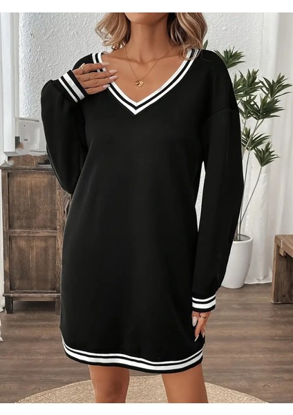 Kadın Uzun Kollu V Yakalı Şerit Detaylı Kısa Viskon Iki Iplik Elbise 2xl-3xl-Siyah indirimleri