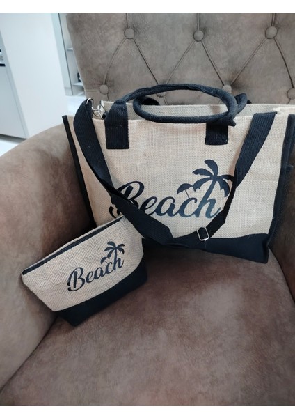 Plaj Palmiye Desenli Çanta Seti