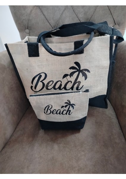 Plaj Palmiye Desenli Çanta Seti modelleri