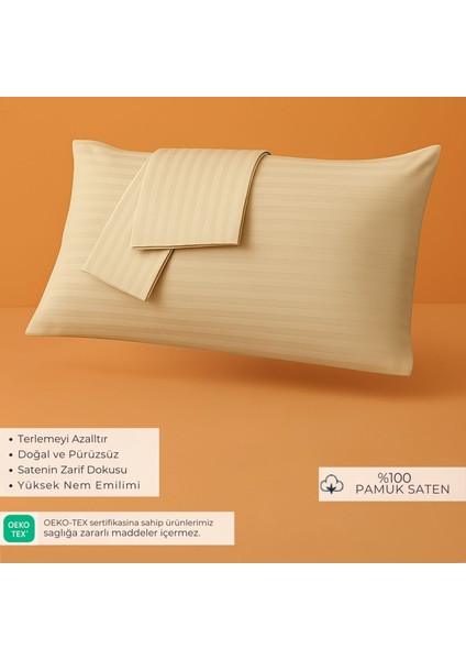 %100 Pamuk Saten Yastık Kılıfı 2'li – Bej, Çizgili (50X70 Cm)