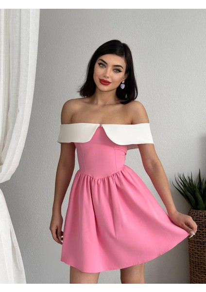 Nalia Beyaz Yakalı Elbise Pembe-L
