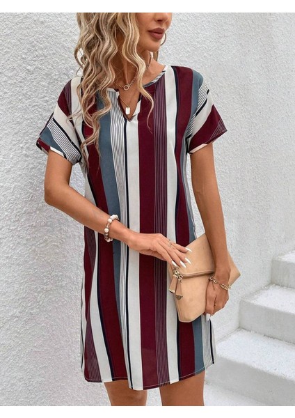 Kadın Kısa Kollu V Yakalı Çizgi Baskılı Süprem Elbise L-Xl-Bordo