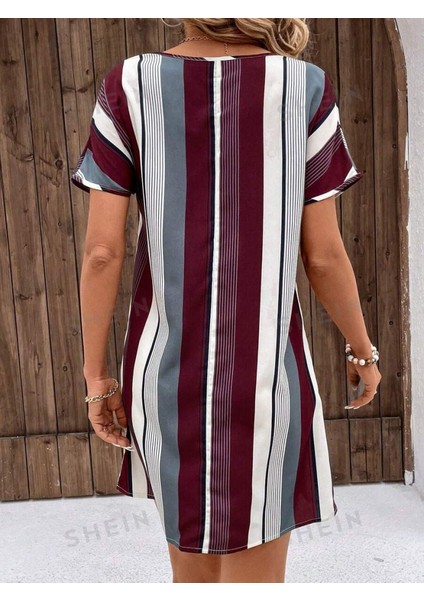 Kadın Kısa Kollu V Yakalı Çizgi Baskılı Süprem Elbise L-Xl-Bordo fırsatları