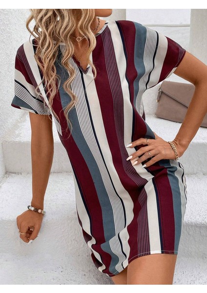Kadın Kısa Kollu V Yakalı Çizgi Baskılı Süprem Elbise L-Xl-Bordo indirimleri