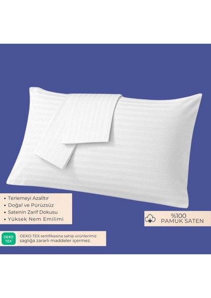 %100 Pamuk Saten Yastık Kılıfı 2'li – Beyaz, Çizgili (50X70 Cm)