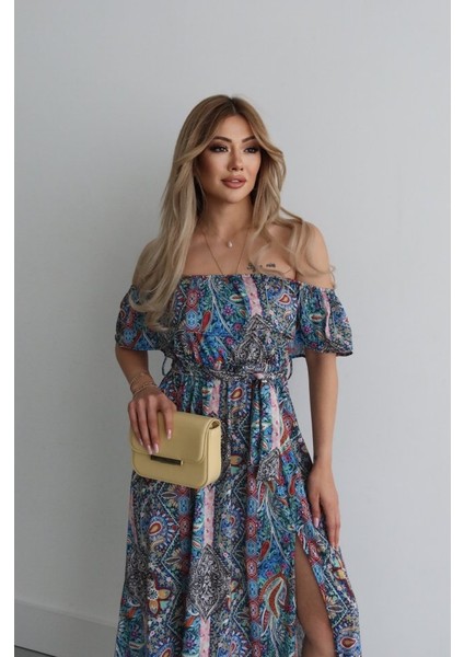 Kadın Kısa Kollu Madonna Yaka Fırfırlı Belden Yırtmaçlı Maksi Süprem Elbise Mavi-2xl-3xl fırsatları