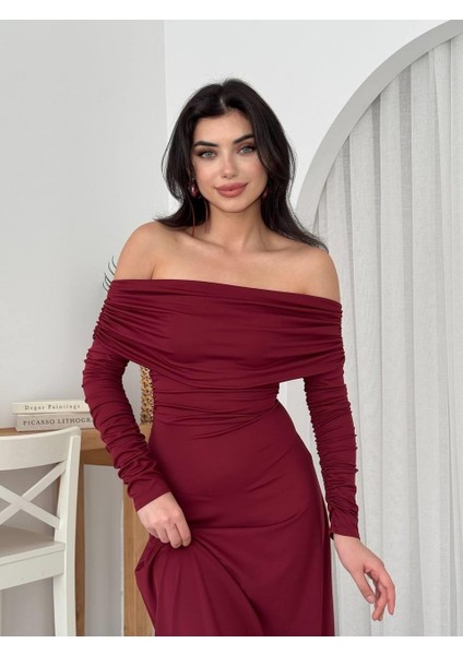 Uras Straplez Elbise M-Bordo