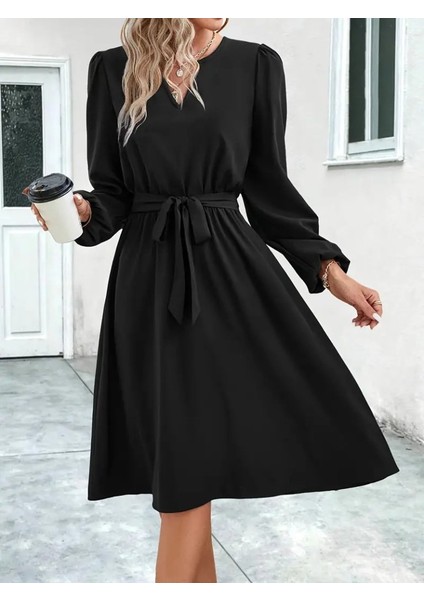 Kadın Uzun Kollu V Yakalı Belden Kuşaklı Kiloş Krep Elbise 2xl-3xl-Siyah