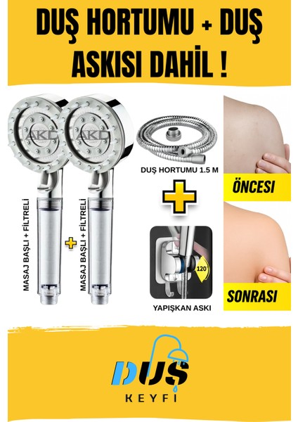 2 Adet Filtreli Masajlı Duş Başlığı + 1.5m Paslanmaz Çelik Duş Hortumu + Yapışkan Duş Askısı Dahil | Su Tasarruflu, Basınçlı, Kireç Önleyici | Akd Duş Keyfi