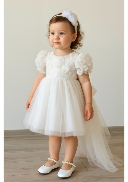 Kız Bebek Elbise Kısa Kollu Fiyonklu Doğum Günü Parti Düğün Özel Gün Tüllü Astarlı Prenses