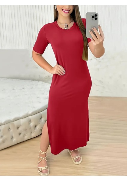 Kadın Kısa Kollu Bisiklet Yaka Yandan Yırtmaçlı Viskon Elbise 2xl-3xl-Kırmızı