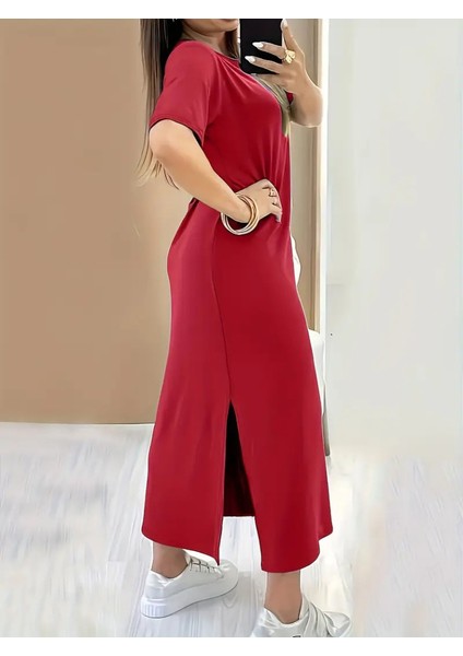 Kadın Kısa Kollu Bisiklet Yaka Yandan Yırtmaçlı Viskon Elbise 2xl-3xl-Kırmızı fırsatları