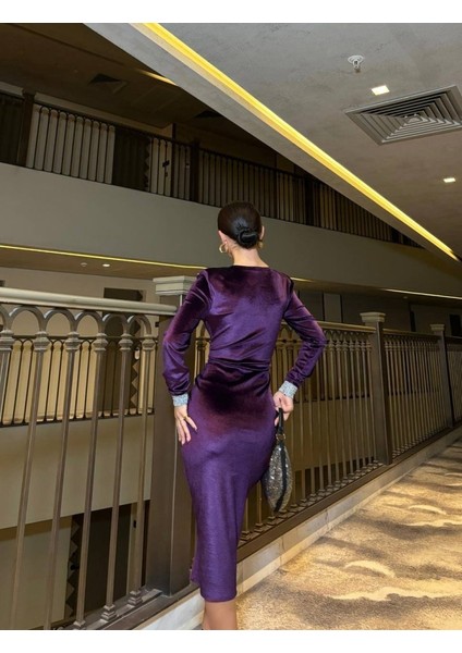 Kadın Bisiklet Yaka Vatkalı Manşet Detay Kadife Kumaş Midi Boy Elbise L-Mor fırsatları