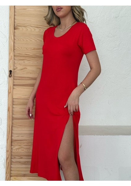 Kadın Kısa Kollu V Yaka Maxi Boy Elbise 124 cm L-Xl-Kırmızı fırsatları