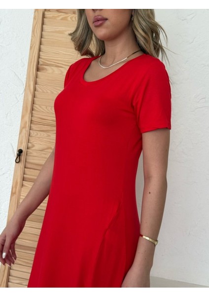 Kadın Kısa Kollu V Yaka Maxi Boy Elbise 124 cm L-Xl-Kırmızı indirimleri