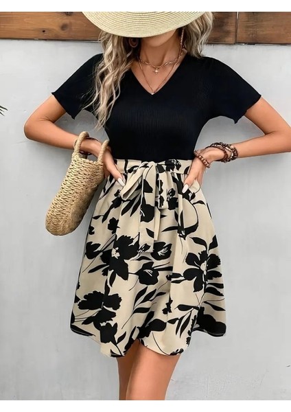 Kadın Kısa Kollu V Yakalı Belden Kuşaklı Çiçek Desenli Üst Viskon Alt Süprem Elbise 2xl-3xl-Siyah