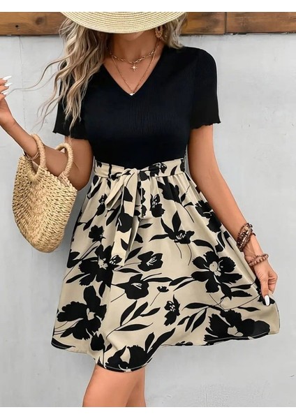 Kadın Kısa Kollu V Yakalı Belden Kuşaklı Çiçek Desenli Üst Viskon Alt Süprem Elbise 2xl-3xl-Siyah fırsatları