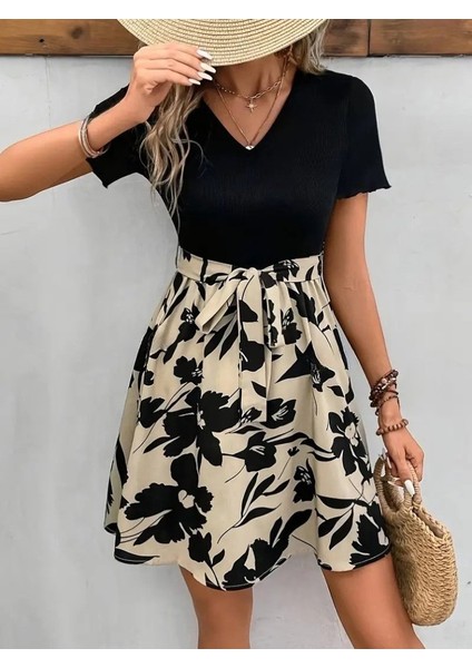 Kadın Kısa Kollu V Yakalı Belden Kuşaklı Çiçek Desenli Üst Viskon Alt Süprem Elbise 2xl-3xl-Siyah indirimleri