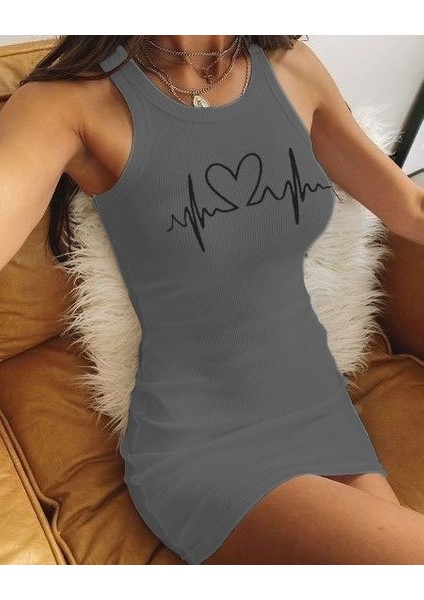 Ritim Kalp Baskılı Sıfır Kol Kaşkorse Elbise 2xl-3xl-Gri