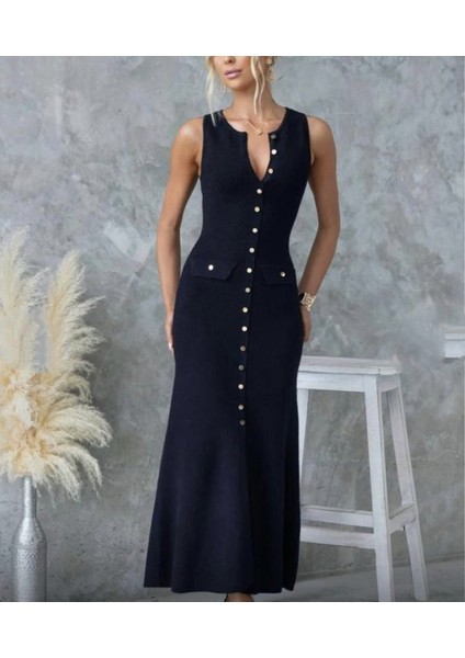 Kadın Kaşkorse Kumaş Düğme Detaylı Kolsuz Maxi Boy Elbise M-Siyah