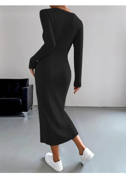 Kadın Uzun Kollu V Yakalı Önden Düğmeli Şardonlu Kaşkorse Elbise L-Xl-Siyah modelleri