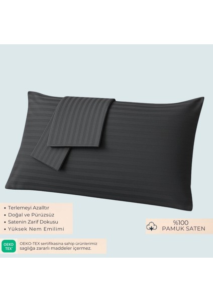 %100 Pamuk Saten Yastık Kılıfı 2'li – Antrasit, Çizgili (50X70 Cm)