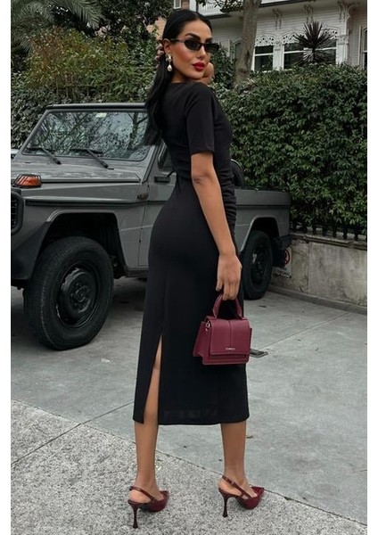 Beli Büzgülü Midi Elbise 2853 Xl-Si̇yah fırsatları