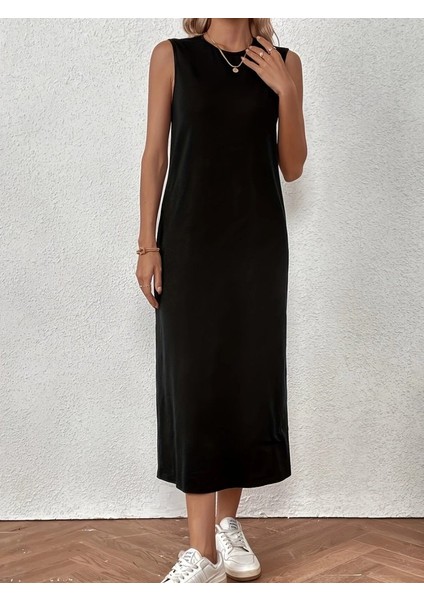 Kadın Sıfır Kollu Bisiklet Yaka Midi Viskon Iki Iplik Elbise 2xl-3xl-Siyah fiyatları