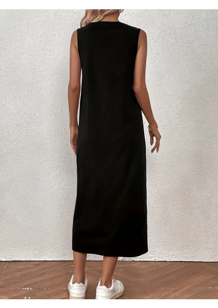 Kadın Sıfır Kollu Bisiklet Yaka Midi Viskon Iki Iplik Elbise 2xl-3xl-Siyah modelleri