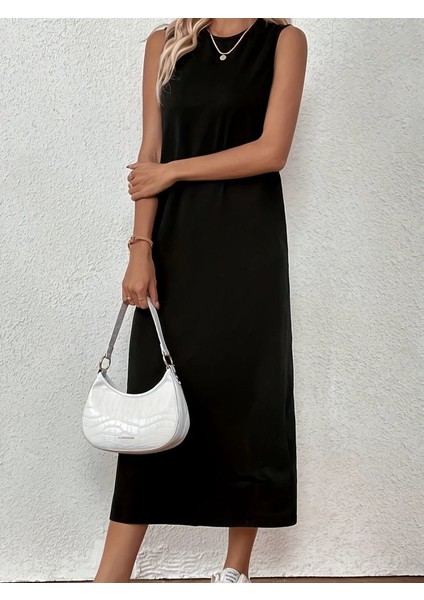 Kadın Sıfır Kollu Bisiklet Yaka Midi Viskon Iki Iplik Elbise 2xl-3xl-Siyah indirimleri