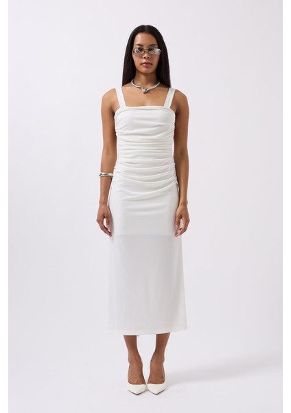 Yırtmaç Detay Sırt Dekolte Elbise S-Beyaz fiyatları