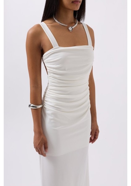 Yırtmaç Detay Sırt Dekolte Elbise S-Beyaz fırsatları