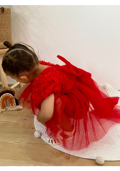 Kız Bebek Elbise Kısa Kollu Fiyonklu Doğum Günü Parti Düğün Özel Gün Tüllü Astarlı Prenses