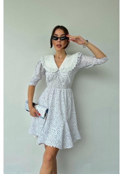 Beyaz Puantiyeli Önlük Yaka Elbise S-Beyaz fiyatları