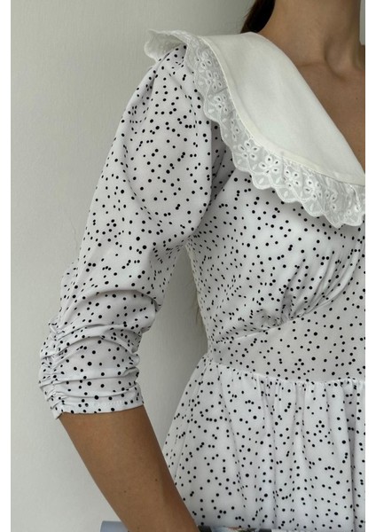 Beyaz Puantiyeli Önlük Yaka Elbise S-Beyaz fırsatları