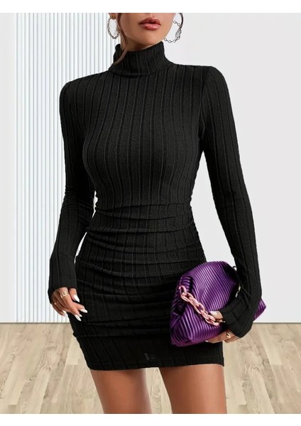 Kadın Uzun Kollu Balıkçı Yaka Kısa Şardonlu Kaşkorse Elbise 2xl-3xl-Siyah